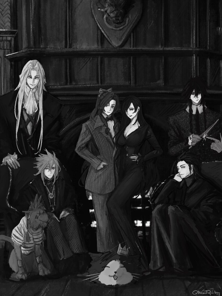 2girls, 4boys, absurdres, the_addams_family, aerith_gainsborough, almondtofu_boy, black_dress, black_hair