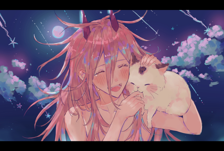 1girl, animal, animal_on_shoulder, biting, biting_finger, brown_eyes, cat, cat_on_shoulder, chainsaw_man, cloud, crying, flat_chest, full_moon, hair_between_eyes, highres, horns, hyeon_0613, letterboxed, meowy_(chainsaw_man), messy_hair, moon, nude, open_mouth, power_(chainsaw_man), red_horns, sharp_teeth, shooting_star, smile, star_(sky), tears, teeth