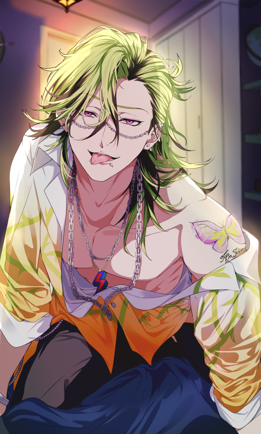 1boy, blurry, blurry_background, brown_hair, bucchigiri?!, butterfly_tattoo, chain, chain_necklace, collarbone, ear_piercing, face_piercing, green_hair, hair_between_eyes, highres, indoors, jewelry, jin_marito, leaning, lip_piercing, long_hair, looking_at_viewer, male_focus, multicolored_hair, necklace, pectorals, piercing, pink_eyes, solo, streaked_hair, tattoo, toned, tongue, tongue_out, zingai_sanx