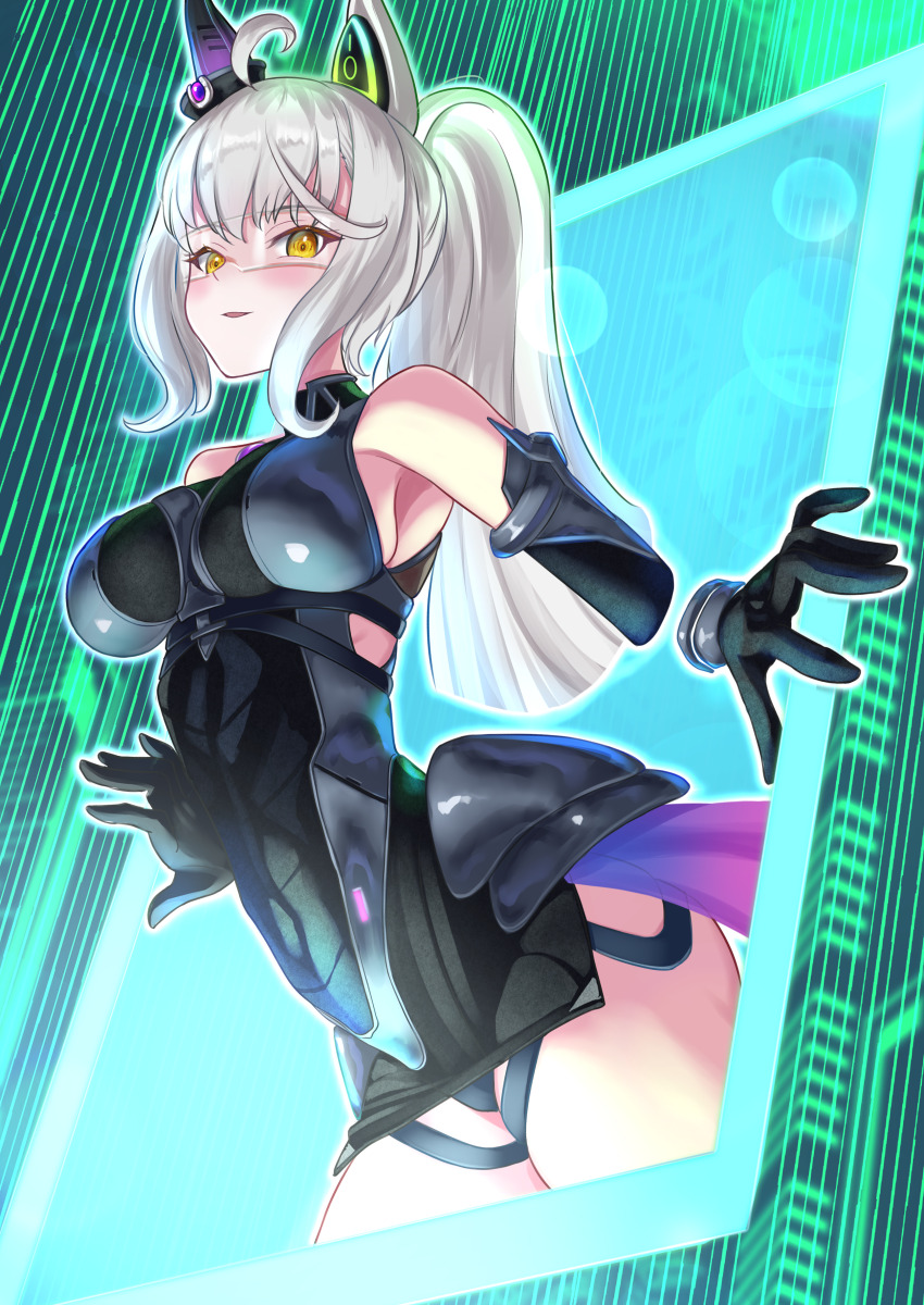 1girl, absurdres, ahoge, animal_ears, armor, bare_shoulders, biwa_hayahide_(engineered_victory)_(umamusume), biwa_hayahide_(umamusume), black_thighhighs, blush, boots, breasts, cleavage, commentary_request, cowboy_shot, dress, ear_covers, ear_ornament, elbow_gloves, glasses, gloves, grey_hair, highres, horse_ears, horse_girl, horse_tail, large_breasts, long_hair, official_alternate_costume, official_alternate_hairstyle, ponytail, rimless_eyewear, simple_background, single_ear_cover, smile, solo, tail, tatsumi_yashiro, thigh_boots, thighhighs, umamusume, very_long_hair