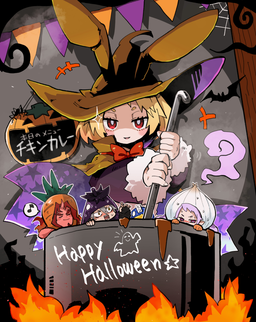 +++, 2boys, 2girls, alternate_costume, animal_ear_headwear, animal_ears, bat_(animal), blonde_hair