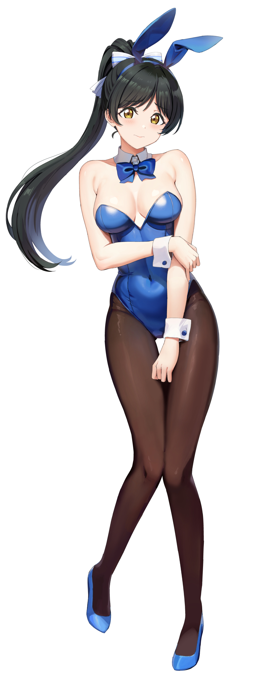 1girl, absurdres, aiai_(okiraku_rough_nisshi), animal_ears, black_hair, black_pantyhose, blue_bow, blue_bowtie