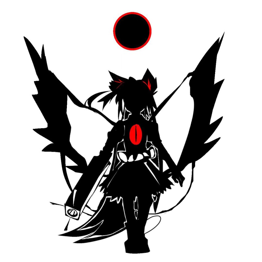 1girl, arm_cannon, black_sun, bow, cape, control_rod_(touhou), full_body, hair_bow, high_contrast, highres, long_hair, monochrome, red_bow, reiuji_utsuho, shiri_fusang, shirt, silhouette, simple_background, skirt, solo, spot_color, standing, sun, third_eye, touhou, very_long_hair, weapon, wings