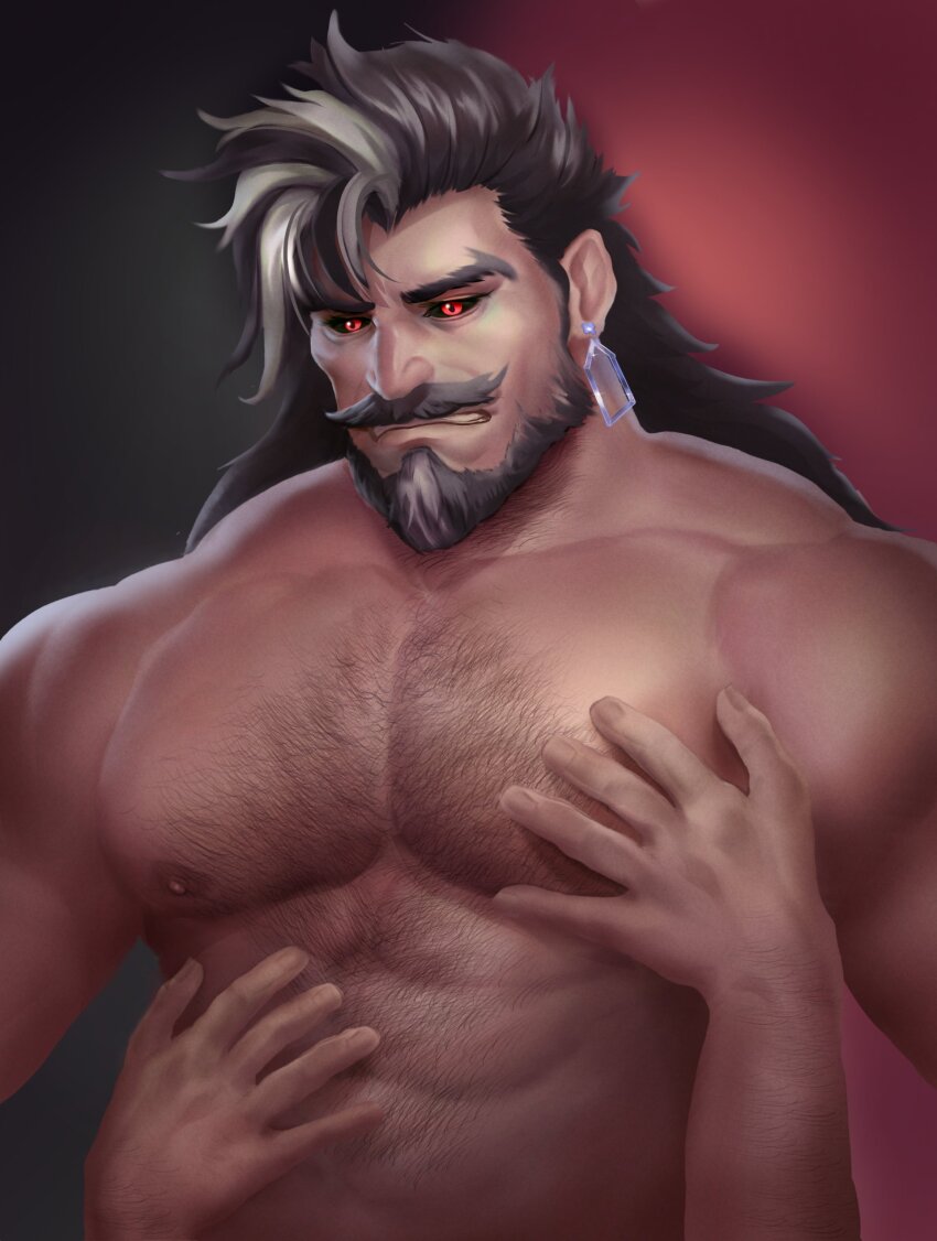 1boy, abs, absurdres, bara, beard, black_sclera, body_hair, chest_hair