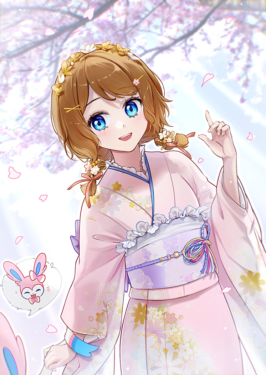 1girl, :d, alternate_costume, blue_eyes, brown_hair, cherry_blossoms, chin_yu_khn, commentary_request