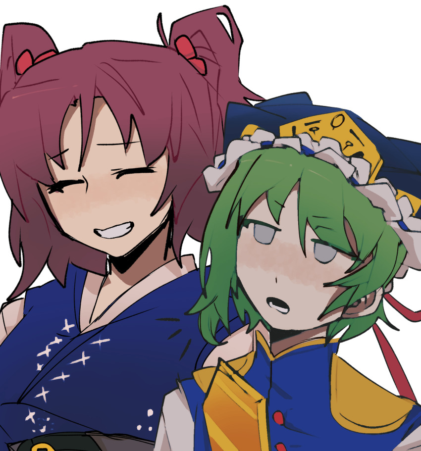 2girls, blue_hat, blue_vest, buttons, chinese_commentary, closed_eyes, commentary_request, epaulettes