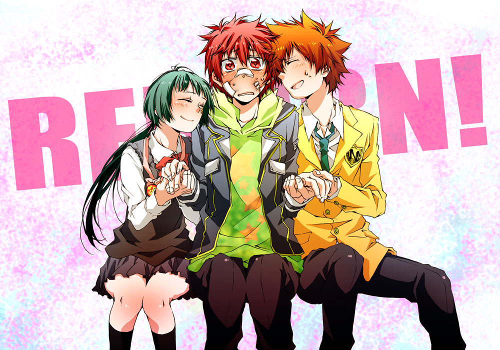 1girl, 2boys, bad_id, bad_pixiv_id, blush, brown_hair, enma_kozato, closed_eyes