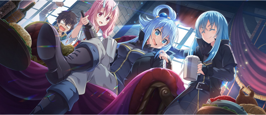 1boy, 1other, 2girls, alcohol, androgynous, aqua_(konosuba), black_footwear, black_jacket