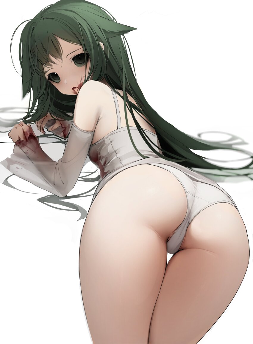 1girl, 1waly, absurdres, arm_support, ass, bare_legs, bare_shoulders, blood, blood_on_clothes, blood_on_face, blood_on_hands, blood_on_mouth, blood_on_sleeves, closed_mouth, colored_sclera, detached_sleeves, empty_eyes, expressionless, from_behind, green_eyes, green_hair, green_sclera, highres, long_hair, long_sleeves, looking_at_viewer, looking_back, lying, on_floor, on_stomach, panties, parted_bangs, saya_(saya_no_uta), saya_no_uta, shirt, simple_background, sleeveless, sleeveless_shirt, sleeves_past_wrists, solo, underwear, very_long_hair, white_background, white_panties, white_shirt