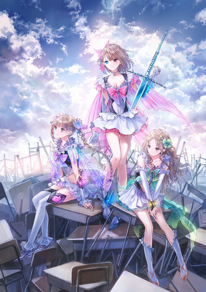 3girls, absurdres, bare_shoulders, black_footwear, blue_reflection_(series), blue_reflection_maboroshi_ni_mau_shoujo_no_ken, bow, braid