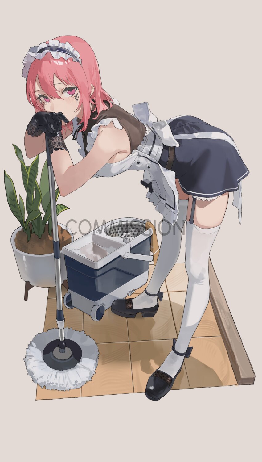 1girl, absurdres, ankle_bow, ankle_ribbon, anklet, apron, black_footwear, black_gloves