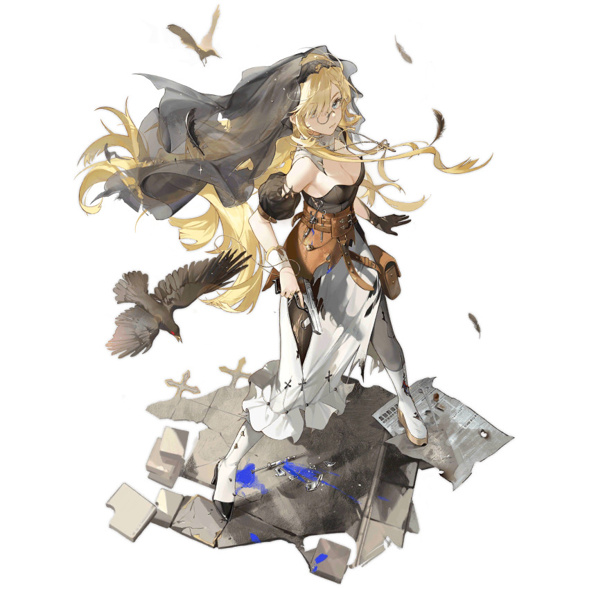 1girl, asymmetrical_footwear, bag, belt_pouch, bird, black_corset, black_gloves, black_sleeves