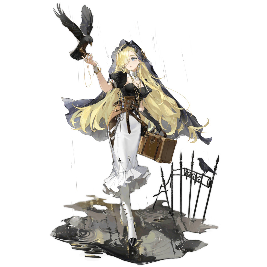 1girl, asymmetrical_footwear, bag, belt_pouch, bird, black_corset, black_gloves, black_sleeves