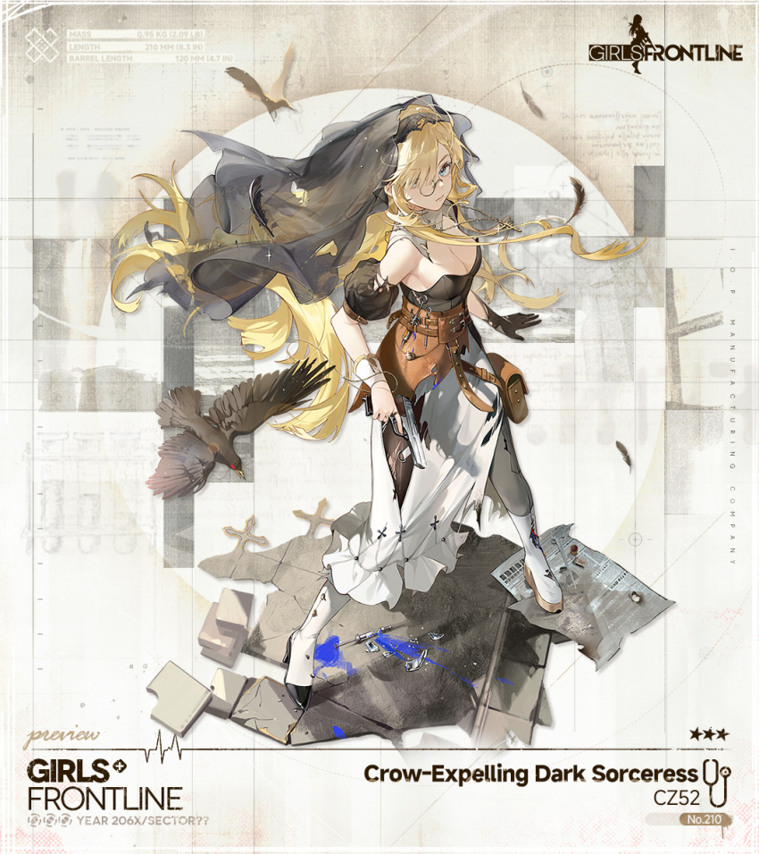 1girl, asymmetrical_footwear, bag, belt_pouch, bird, black_corset, black_gloves, black_sleeves