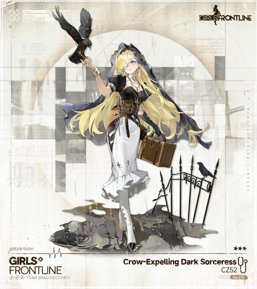 1girl, asymmetrical_footwear, bag, belt_pouch, bird, black_corset, black_gloves, black_sleeves, black_veil, blonde_hair, blue_eyes, boots, breasts, brown_bag, character_request, closed_mouth, collar, commentary, copyright_name, corset, cross, cross_necklace, crow, cz52_(crow-expelling_dark_sorceress)_(girls'_frontline), cz52_(girls'_frontline), detached_collar, earrings, elbow_gloves, english_commentary, fence, full_body, girls'_frontline, gloves, hair_over_one_eye, hand_up, highres, holding, holding_suitcase, iron_fence, jewelry, knee_boots, large_breasts, long_hair, long_skirt, looking_at_animal, looking_to_the_side, mole, mole_under_eye, monocle, multiple_necklaces, necklace, official_alternate_costume, official_art, pouch, promotional_art, prosthesis, prosthetic_leg, puddle, rain, second-party_source, side_slit, single_earring, single_glove, single_wrist_cuff, skirt, solo, standing, star_(symbol), stethoscope, suitcase, surgical_scissors, syringe, tool_belt, veil, very_long_hair, waist_bag, white_boots, white_collar, white_skirt, white_wrist_cuffs, wrist_cuffs, xiao_chichi