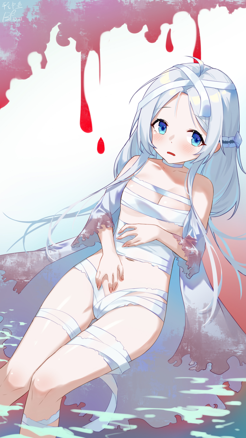 1girl, absurdres, azur_lane, blood, blue_eyes, blush, breasts, cleavage, dolphin_(azur_lane), dolphin_(incantation_of_revival)_(azur_lane), halloween, halloween_costume, highres, loli, long_hair, looking_at_viewer, mummy_costume, navel, official_alternate_costume, parted_bangs, parted_lips, ping_zhong_yu, small_breasts, solo, stomach, white_hair