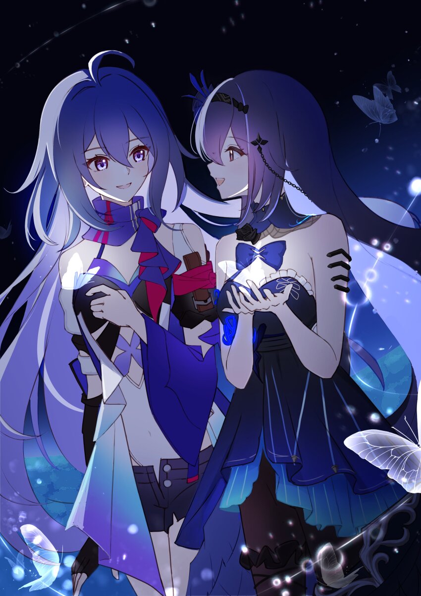 2girls, absurdres, bandana_around_arm, bare_shoulders, black_pantyhose, black_shorts, blue_background, blue_collar