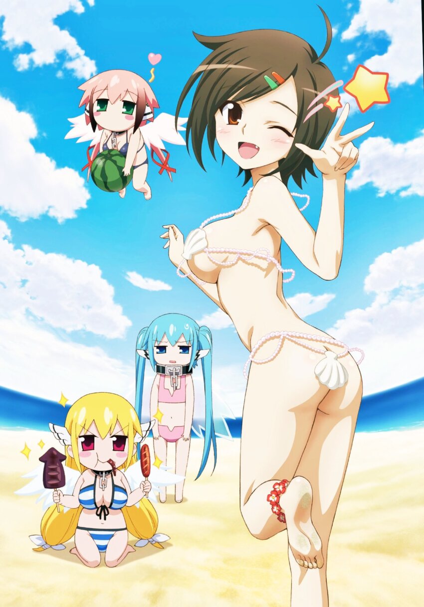 4girls, angel_wings, astraea_(sora_no_otoshimono), beach, bikini, black_hair, blonde_hair, blue_bikini