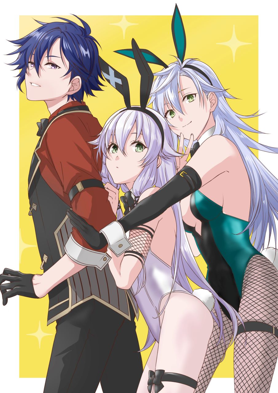 1boy, 2girls, altina_orion, animal_ears, blue_hair, breasts, detached_sleeves, eiyuu_densetsu, falcom, fie_claussell, fishnet_pantyhose, fishnets, green_eyes, height_difference, highres, kai_no_kiseki, kuro_no_kiseki_(series), long_hair, looking_at_viewer, multiple_girls, pantyhose, playboy_bunny, rabbit_ears, rean_schwarzer, runrui_kaku, small_breasts, v, white_hair