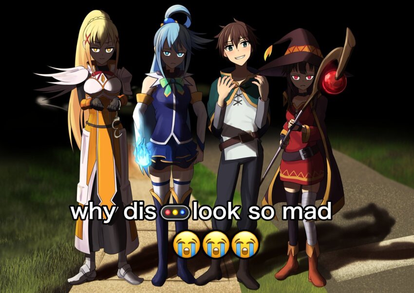 1boy, 3girls, aqua_(konosuba), asymmetrical_legwear, bandaged_leg, bandages, belt, black_choker