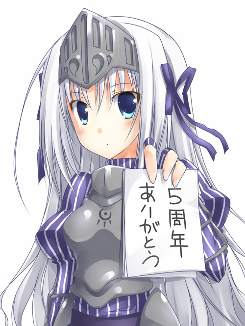 10s, 1girl, armor, armored_dress, blue_eyes, breastplate, dress, eucliwood_hellscythe, female_focus, fujimoto_akio, juliet_sleeves, kore_wa_zombie_desu_ka?, long_hair, long_sleeves, notepad, puffy_sleeves, ribbon, silver_hair, solo, translated, visor_(armor)