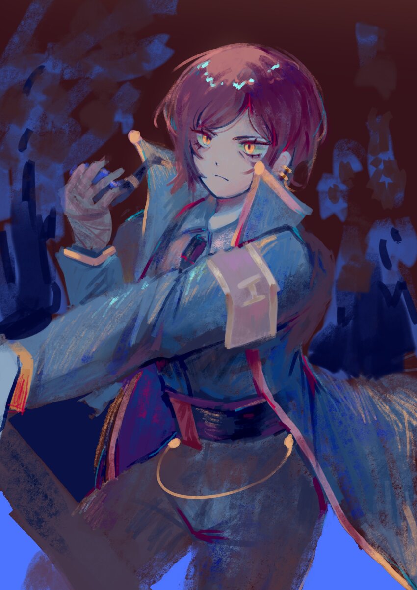 1girl, absurdres, black_necktie, black_pants, blue_coat, brown_hair, closed_mouth, coat