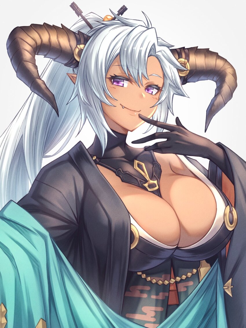 1girl, black_gloves, black_horns, black_kimono, breasts, cleavage, commentary_request, curled_horns