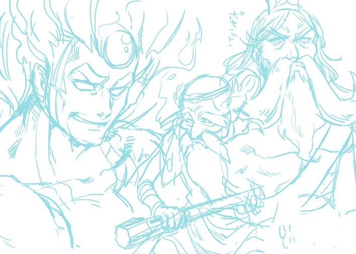 3boys, balding, beard, dyntos, facial_hair, forehead_jewel, grin, kid_icarus