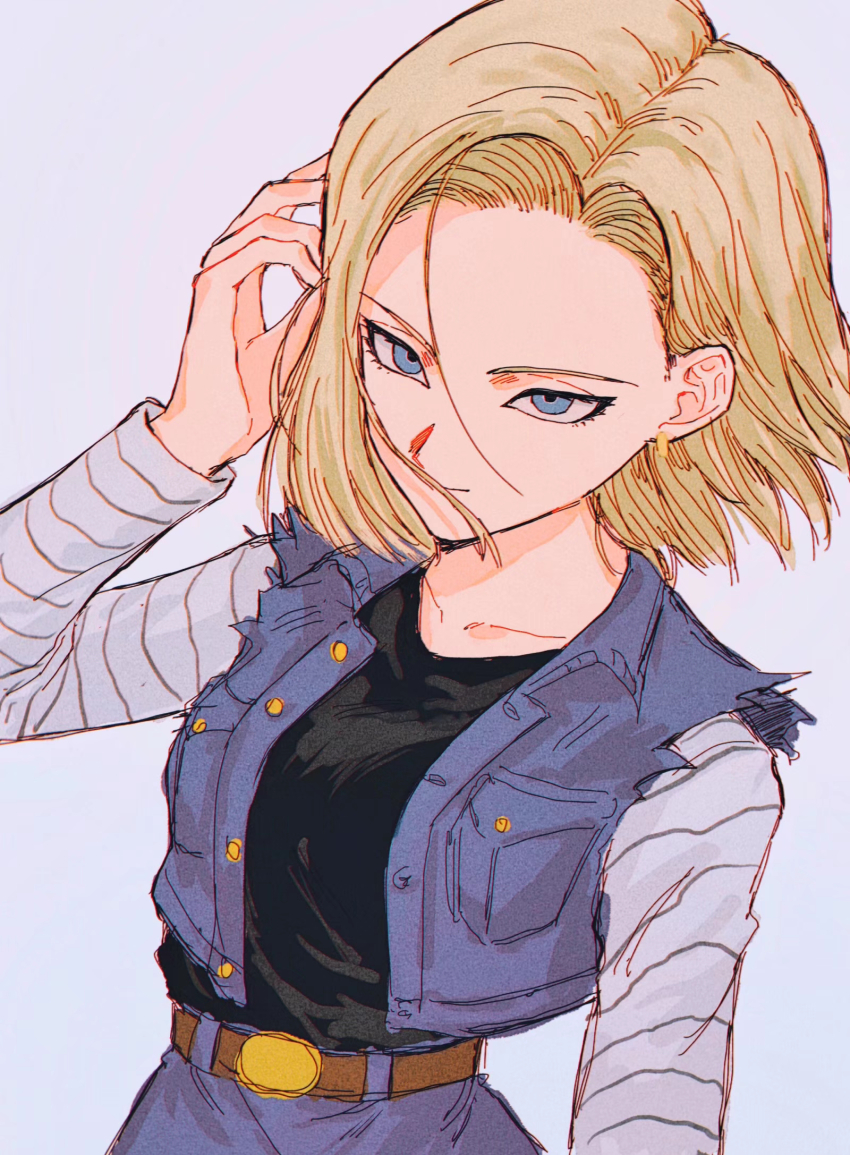 1girl, ako_(eanaaati1), android_18, arm_up, asymmetrical_sleeves, belt, black_shirt, blonde_hair