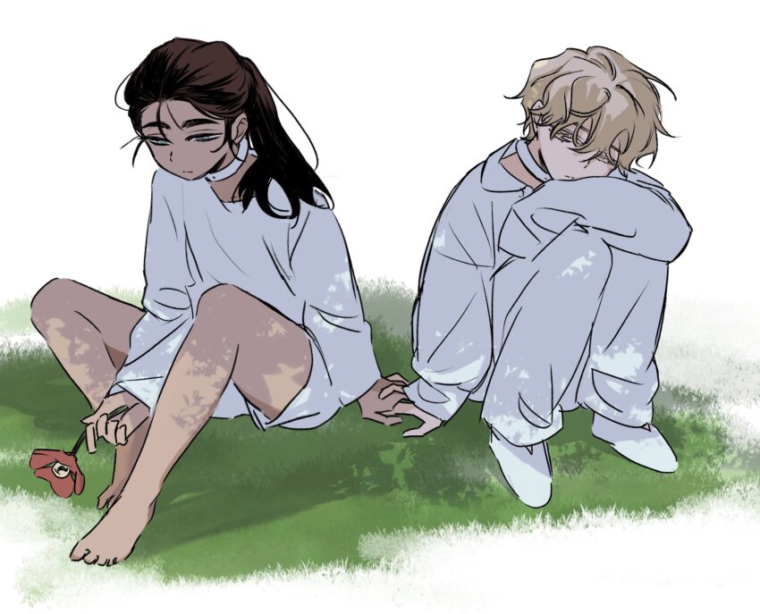 1boy, 1girl, alien_stage, arm_on_knee, barefoot, brown_hair, choker, dark-skinned_female