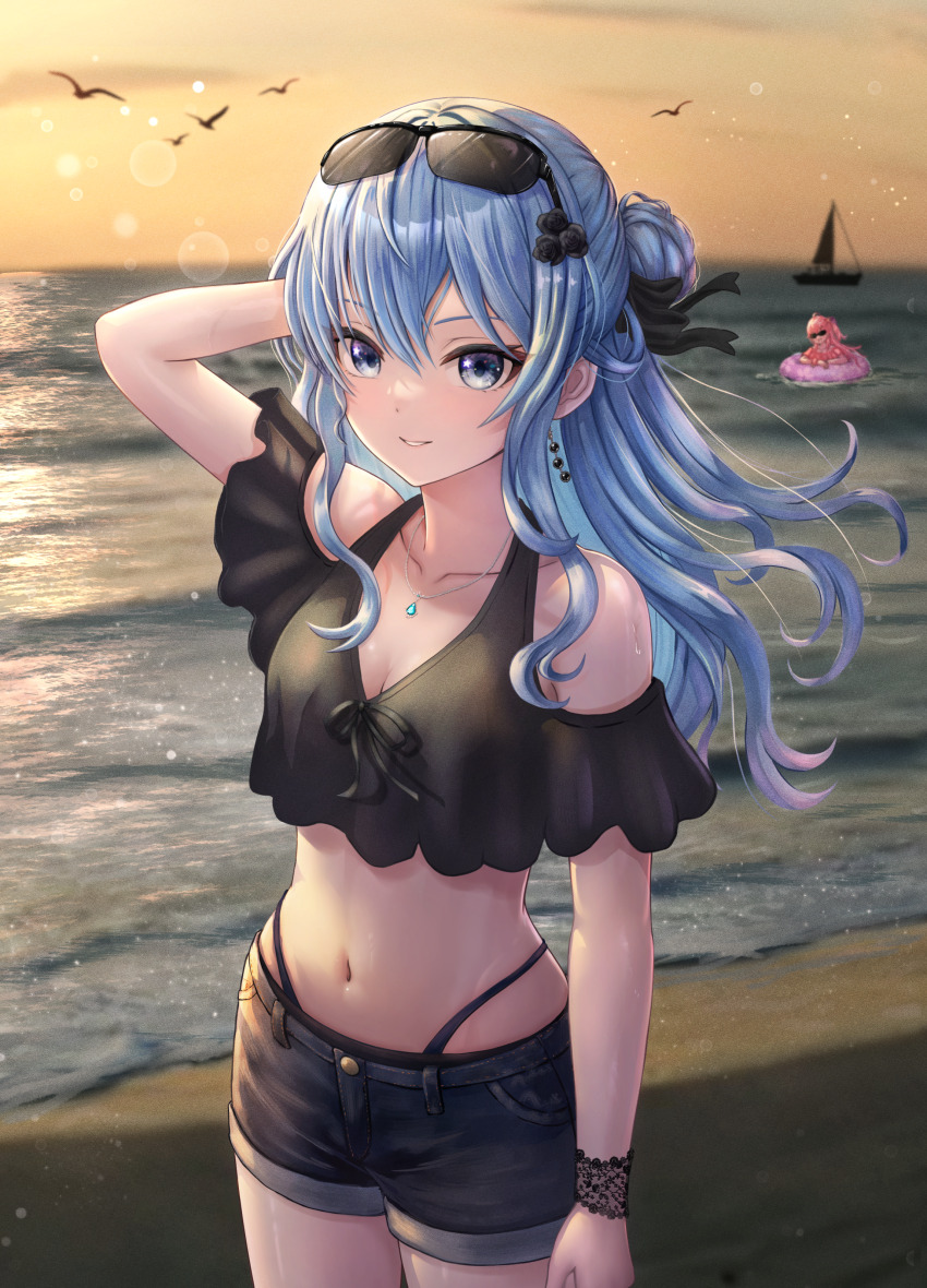 2girls, absurdres, arm_at_side, bare_shoulders, beach, bikini, bikini_under_clothes, bird, black_bikini, black_ribbon, black_shirt, blue_eyes, blue_hair, clothing_cutout, colored_inner_hair, commentary, eyewear_on_head, hair_bun, hair_ribbon, hand_up, highres, hololive, hoshimachi_suisei, lace_wrist_cuffs, lens_flare, long_hair, looking_at_viewer, multicolored_hair, multiple_girls, navel, ocean, official_alternate_hairstyle, parted_lips, ribbon, sakura_miko, seagull, shirt, short_shorts, shorts, shoulder_cutout, side_up_bun, single_side_bun, solo_focus, star_(symbol), star_in_eye, sunglasses, sunset, swimsuit, symbol_in_eye, thighs, virtual_youtuber, wajuniorbox