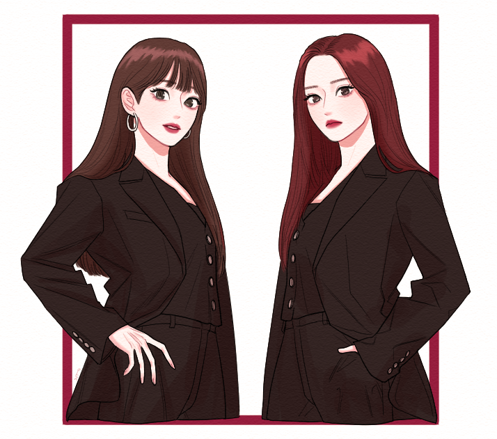 2girls, black_jacket, black_pants, black_vest, blunt_bangs, brown_eyes, brown_hair, chuu_(loona)