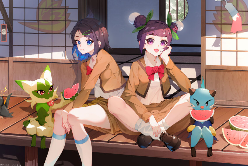 2girls, absurdres, ann_(pokemon), black_eyes, blue_eyes, blue_hair, chimecho, dewott