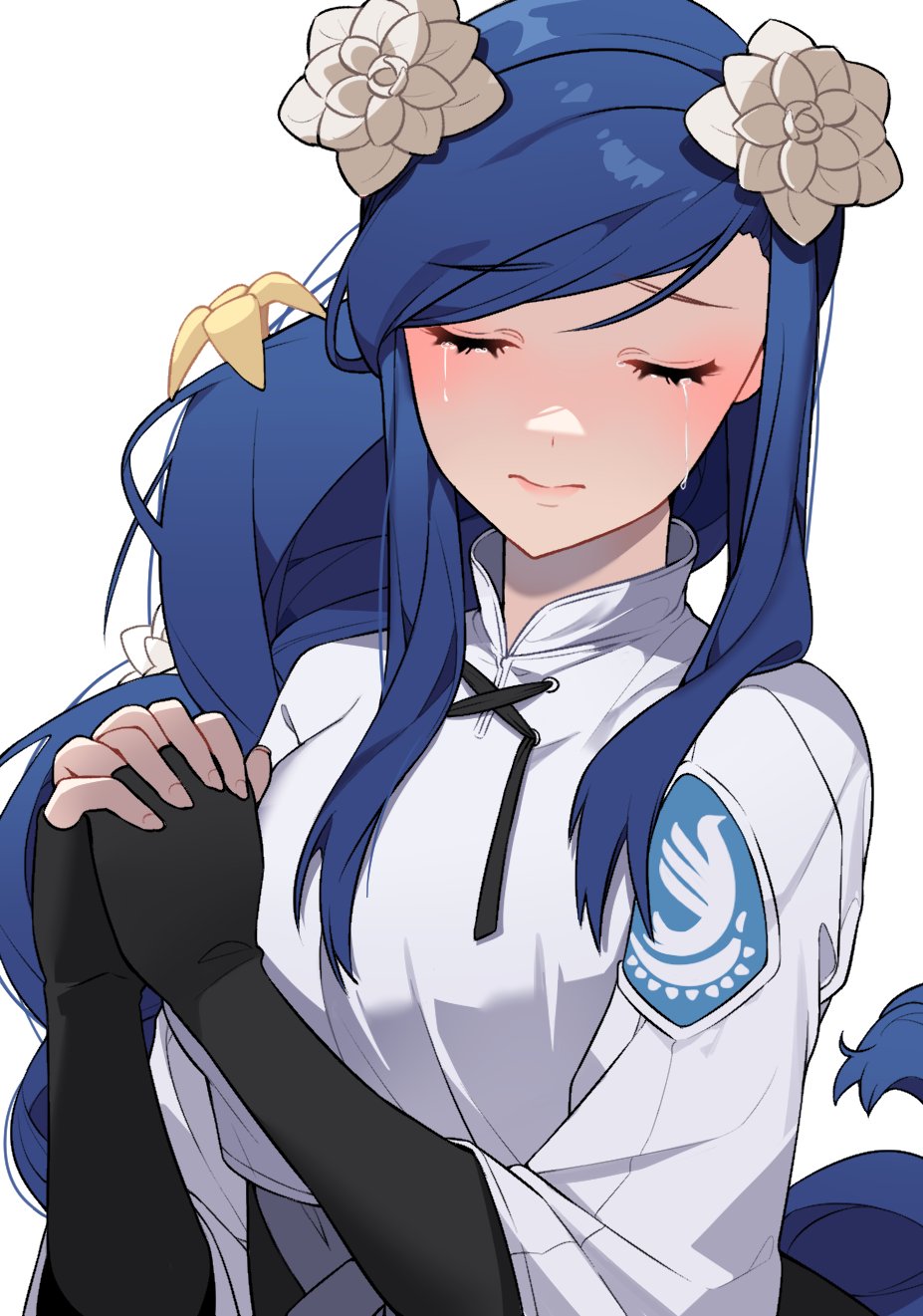 1girl, black_dress, black_gloves, braid, braided_ponytail, closed_eyes, closed_mouth, crop_top