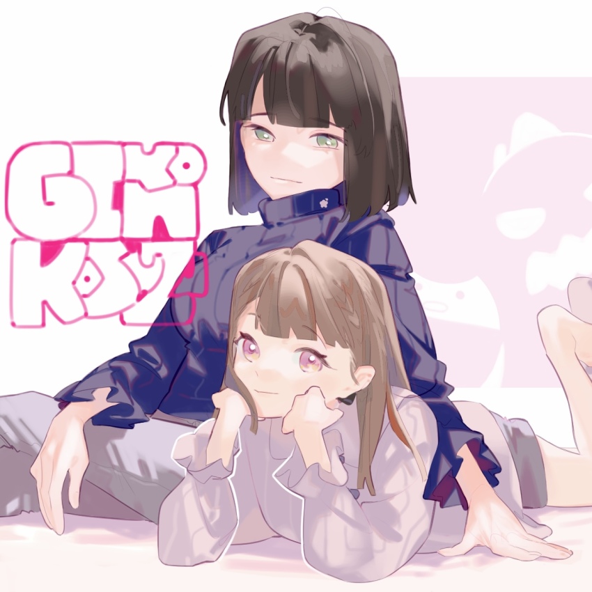 2girls, barefoot, black_hair, blue_sweater, blunt_bangs, blunt_ends, braid, breasts