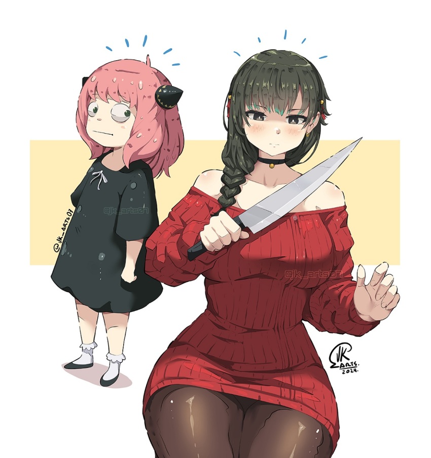 2girls, anya_(spy_x_family), black_choker, black_dress, black_eyes, black_hair, breasts, brown_pantyhose