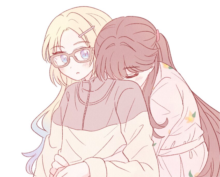 2girls, blonde_hair, blue_eyes, blue_hair, blush, brown-framed_eyewear, brown_hair, brown_shirt