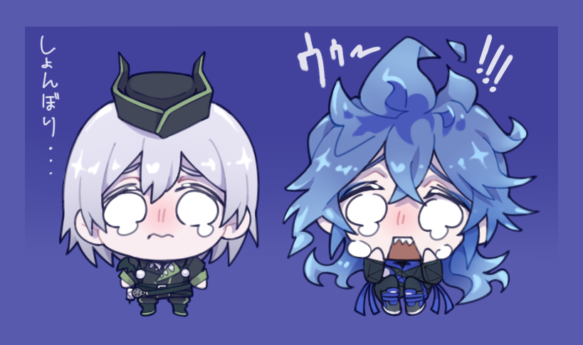 2boys, black_jacket, blank_eyes, blue_background, blue_hair, chibi, commentary, crying