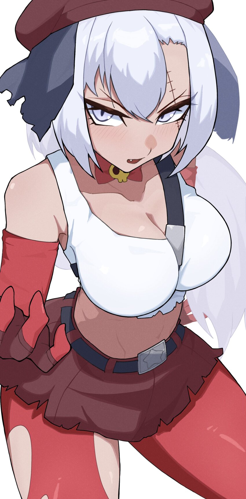 absurdres, bare_shoulders, belt, beret, blush, bow, bowtie, dark-skinned_female