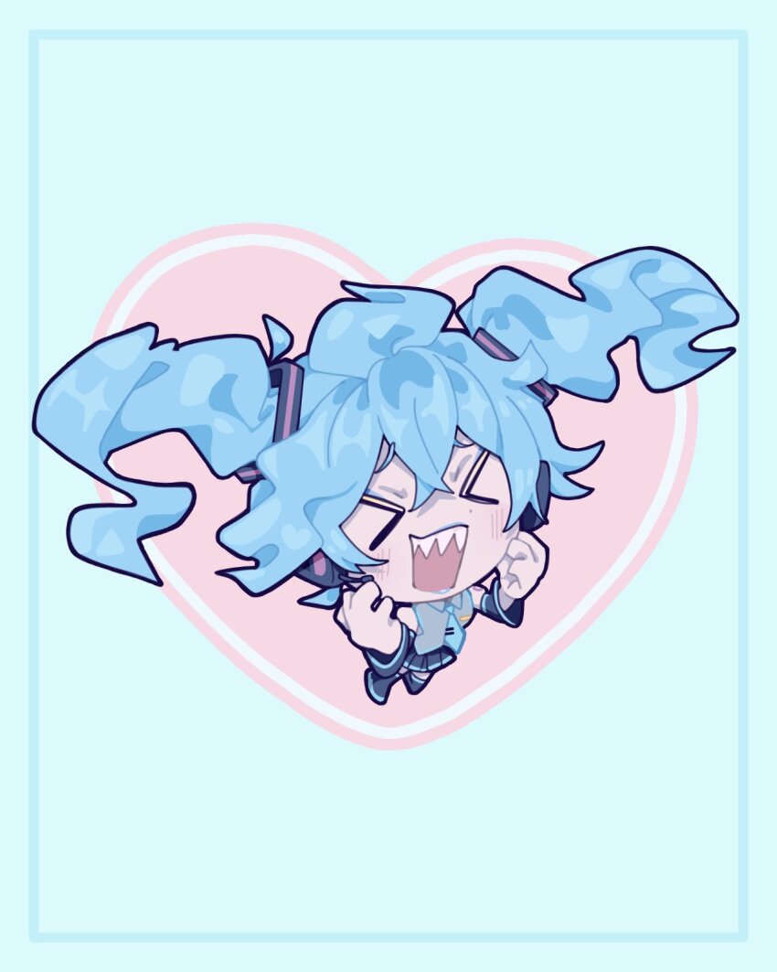 >_<, 1boy, chibi, closed_eyes, commentary, commentary_request, cosplay, crossdressing, crossdressing_(mtf), detached_sleeves, fiery_hair, grey_shirt, grin, hatsune_miku, hatsune_miku_(cosplay), heart, heart_background, highres, hoshiyo, idia_shroud, long_hair, male_focus, sharp_teeth, shirt, skirt, sleeveless, sleeveless_shirt, smile, solo, untranslatable_commentary, teeth, twintails, twisted_wonderland, vocaloid