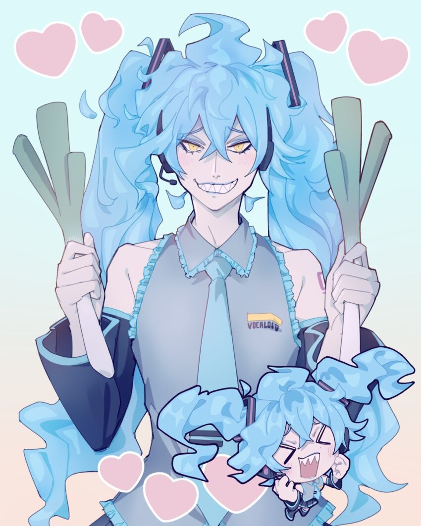 1boy, chibi, commentary_request, cosplay, crossdressing, crossdressing_(mtf), detached_sleeves, fiery_hair, food, grey_shirt, grin, hatsune_miku, hatsune_miku_(cosplay), highres, holding, holding_food, holding_spring_onion, holding_vegetable, hoshiyo, idia_shroud, long_hair, looking_at_viewer, male_focus, sharp_teeth, shirt, skirt, sleeveless, sleeveless_shirt, smile, spring_onion, teeth, twintails, twisted_wonderland, vegetable, vocaloid, yellow_eyes