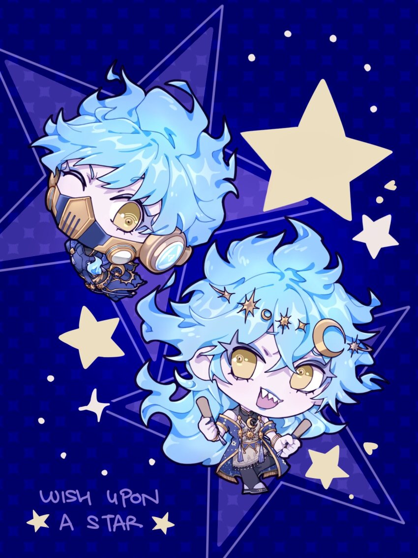 2boys, android, blue_background, blue_hair, blue_robe, brothers, commentary, fiery_hair