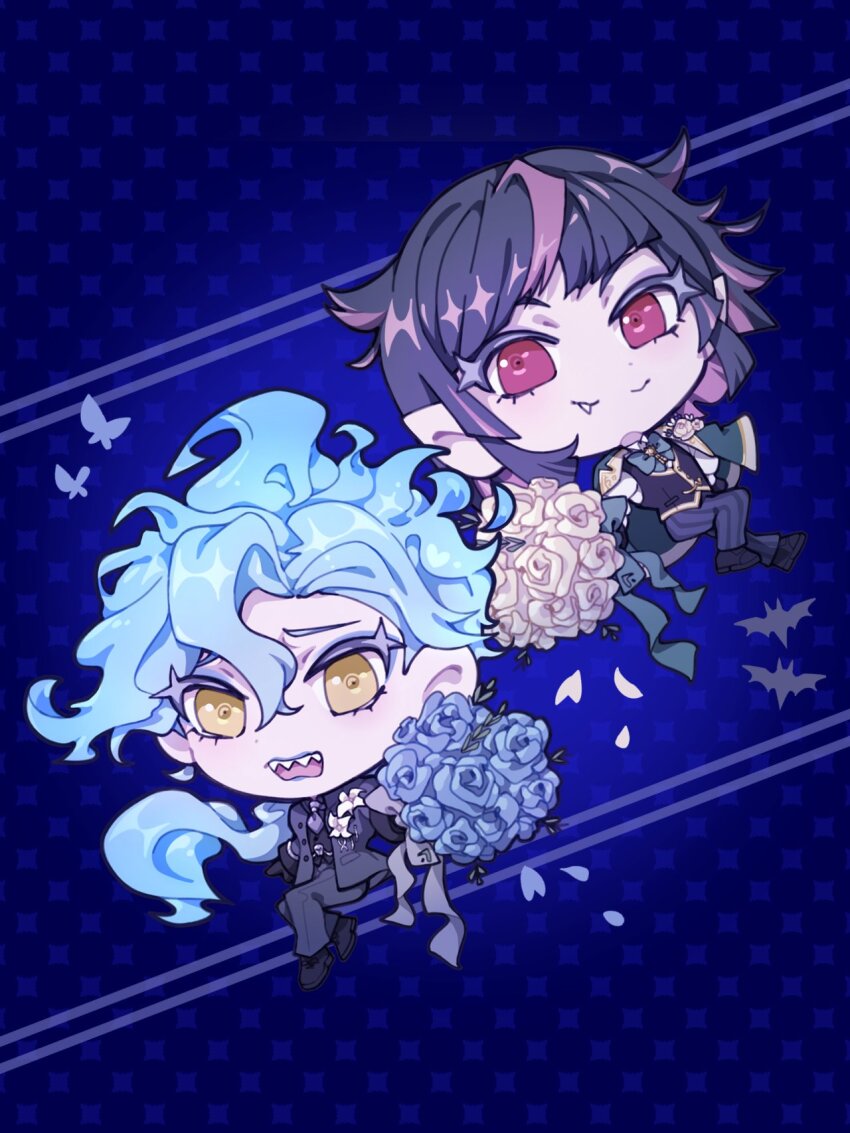 2boys, black_hair, black_suit, blue_background, blue_flower, blue_hair, blue_lips, blue_rose