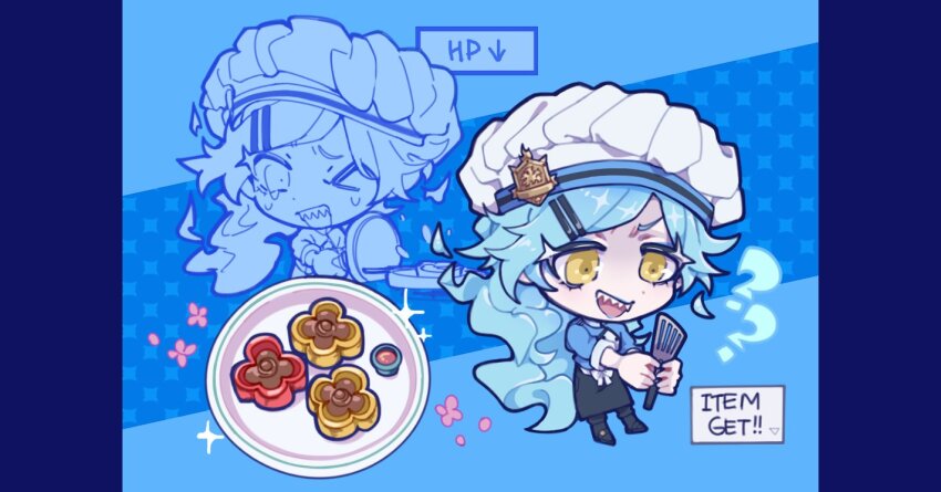 1boy, apron, blue_background, blue_hair, chef, chef_hat, chibi, commentary_request