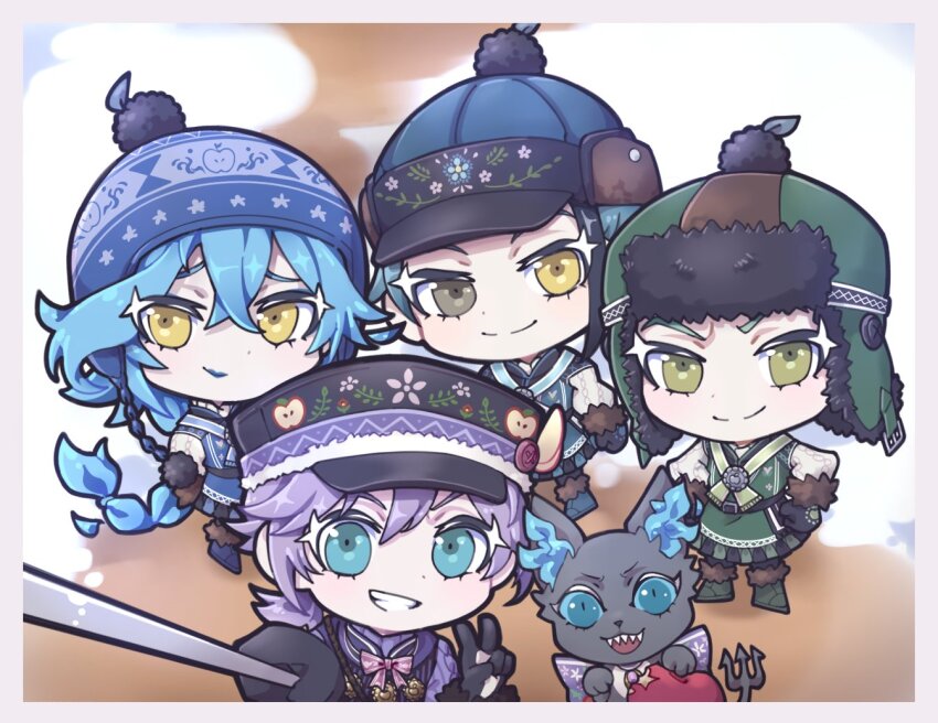 4boys, beanie, blue_eyes, blue_hair, braid, chibi, commentary, creature