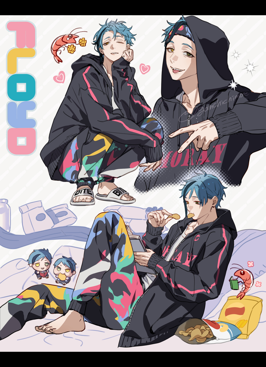 1boy, absurdres, animal, animalization, black_jacket, blue_hair, character_doll, chips_(food)