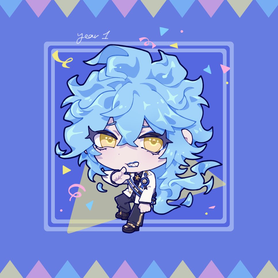 1boy, blue_background, blue_hair, chibi, commentary_request, confetti, english_text, fiery_hair