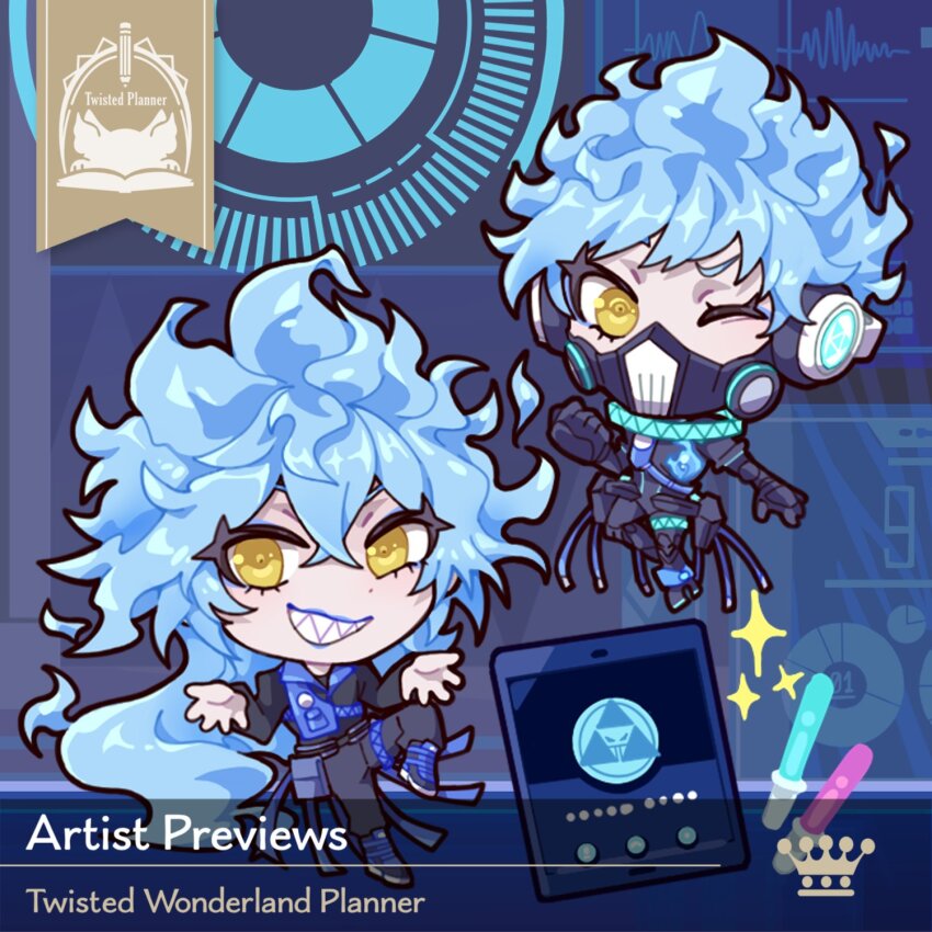 2boys, android, black_jacket, blue_hair, brothers, chibi, commentary, english_commentary