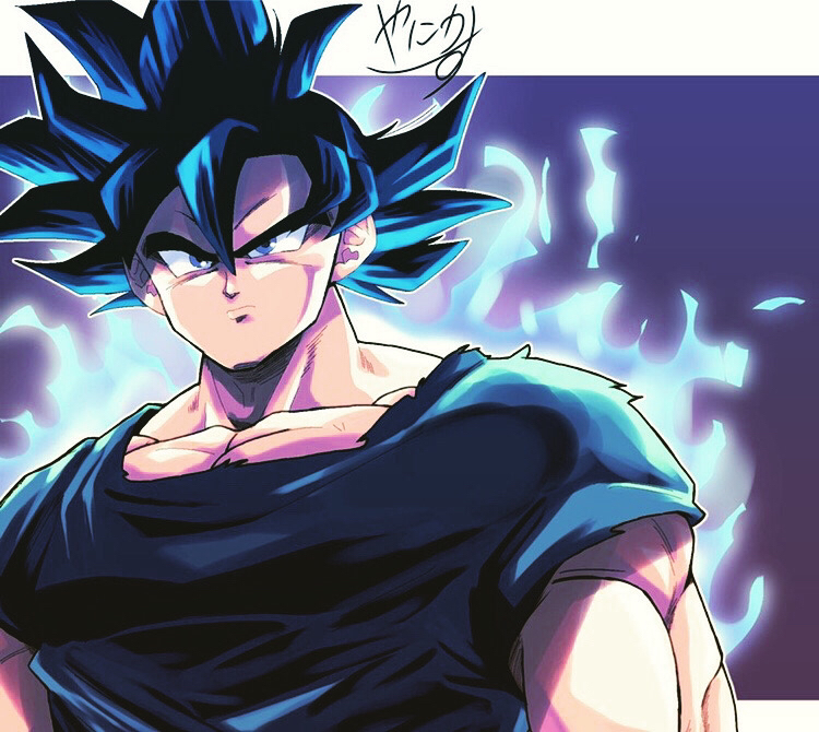 1boy, blue_aura, blue_hair, blue_shirt, closed_mouth, commentary_request, dark_blue_hair, dragon_ball