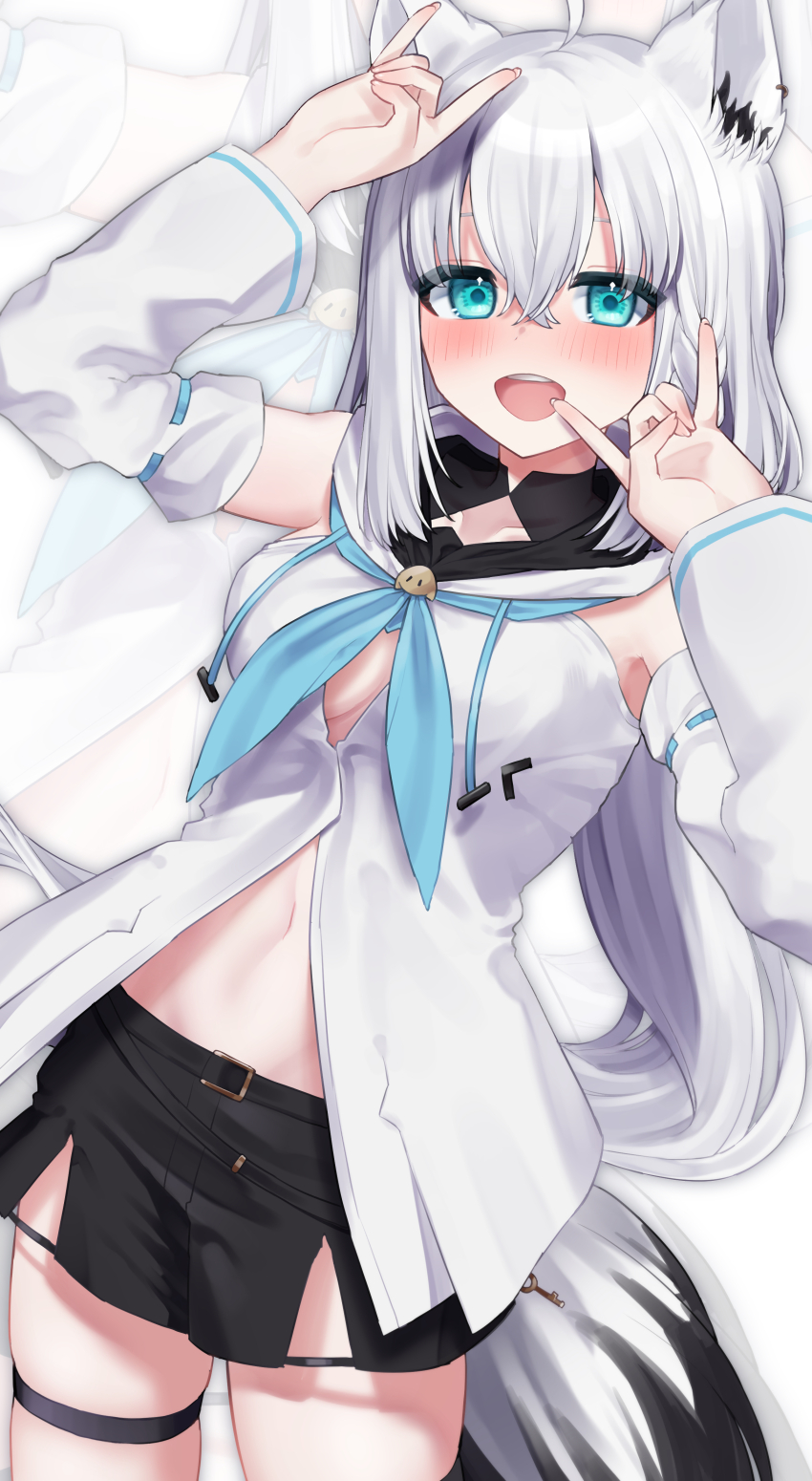 1girl, absurdres, ahoge, animal_ear_piercing, animal_ears, arm_warmers, arms_up, asatsuki933